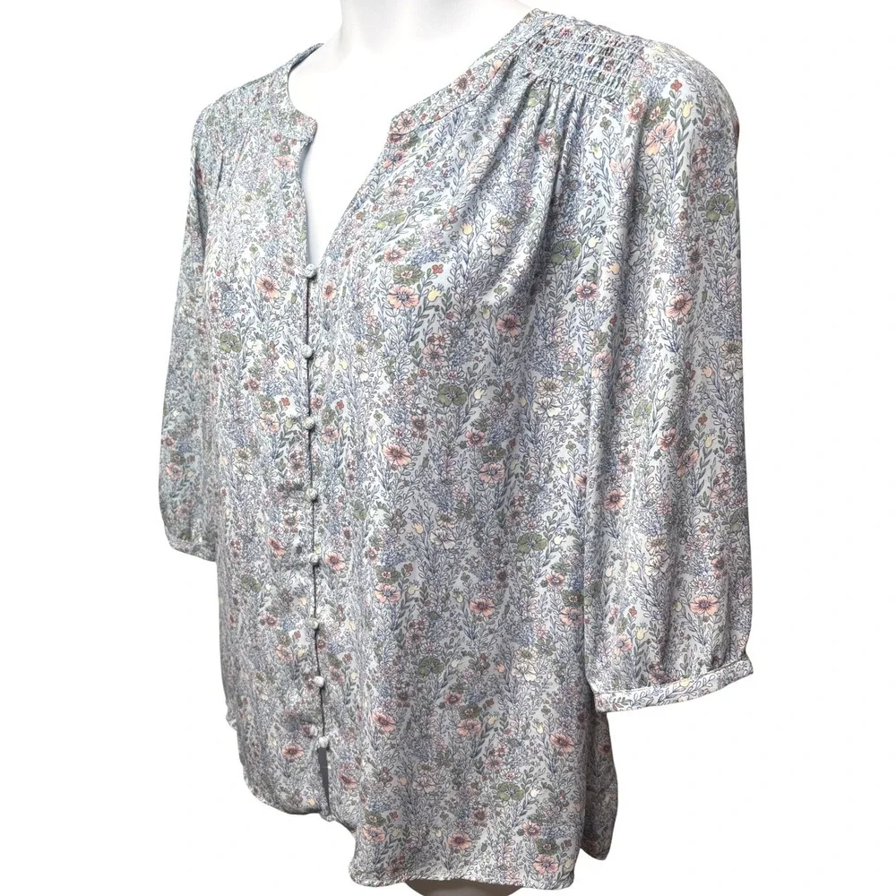 ROSE + OLIVE Blue Floral Smocked Button Front Blouse 1X Flowy Cottagecore Boho